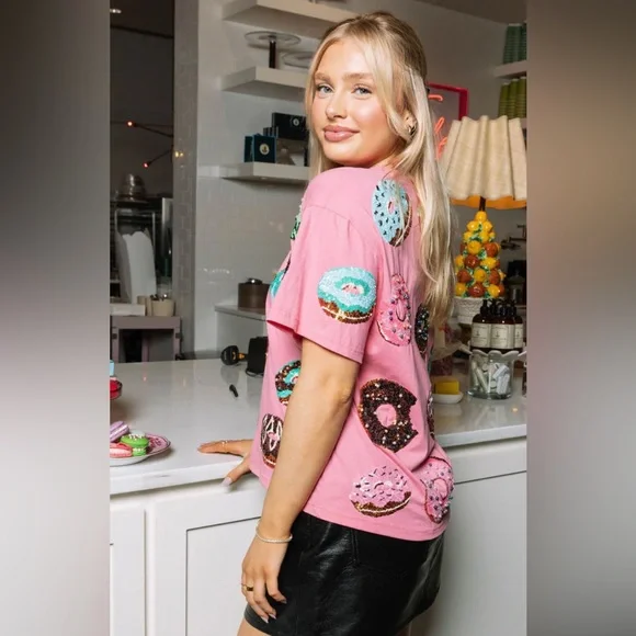 New! QUEEN OF SPARKLES Pink Sequin Donut Tee - Picture 13 of 13